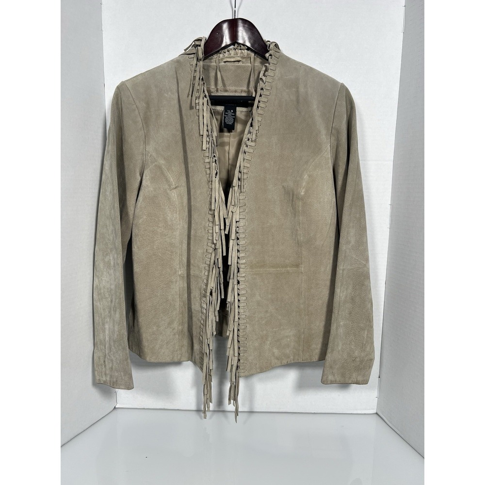 Dialogue Tan Suede Leather Jacket Open Front Fringe Pioneer Small
